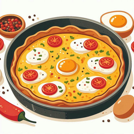 Illustration of a pie with eggs, tomatoes and cheese in a frying panのイラスト素材
