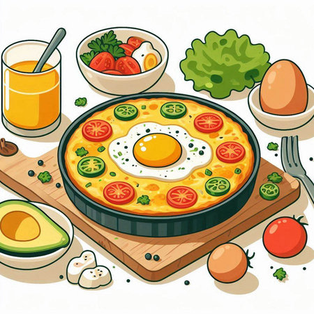 Illustration of a fried egg in a frying pan with vegetables on a wooden boardのイラスト素材