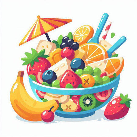 Fruit salad in a bowl. Vector illustration of a healthy food.のイラスト素材