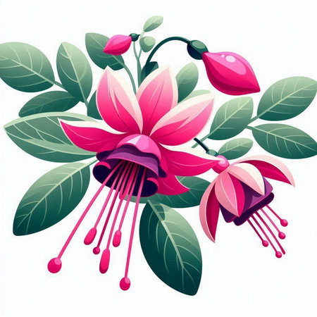 Fuchsia flowers with leaves isolated on white background. Vector illustration.のイラスト素材