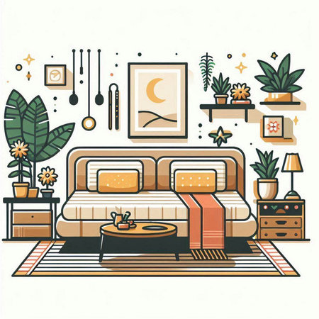 Vector illustration of a cozy living room with a sofa and a nightstandのイラスト素材