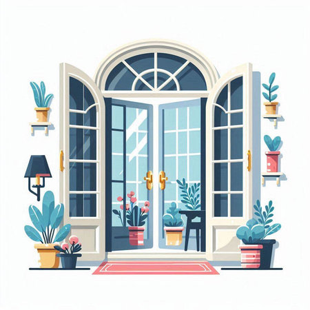 Vector illustration of a window with flowers in pots. Interior design.のイラスト素材