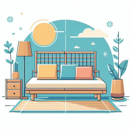 Vector illustration of a cozy bedroom with a bed and pillows.のイラスト素材