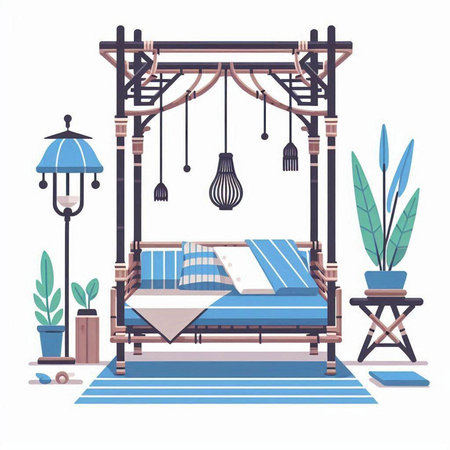 Bedroom interior vector illustration in flat style. Bed with pillows, cushions, lamps and potted plants.のイラスト素材