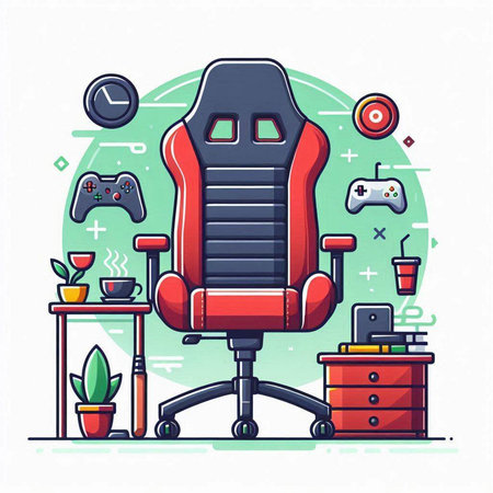 Office chair, PC, game console, cup of coffee, gamepad. Flat vector illustration.のイラスト素材