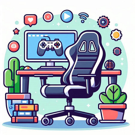 Vector illustration of a gamer workspace with computer, chair, armchair, gamepad and other elements.のイラスト素材