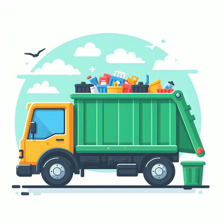 Garbage truck with trash. Garbage collection. Vector illustration.のイラスト素材