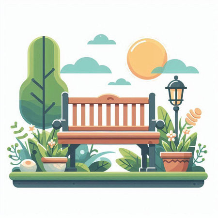Wooden bench in the garden. Flat style. Vector illustration.のイラスト素材