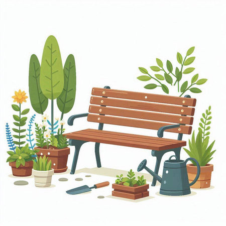 Vector illustration of a garden bench, watering can, flowers and plants.のイラスト素材