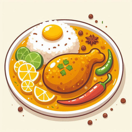 Illustration of a bowl of chicken soup with rice and fried eggのイラスト素材