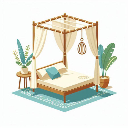Bedroom interior with wooden canopy, bed and potted plants. Vector illustration.のイラスト素材
