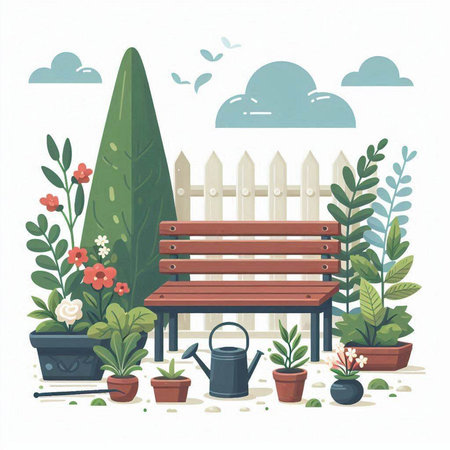 Gardening tools in the garden. Vector illustration in flat style.のイラスト素材