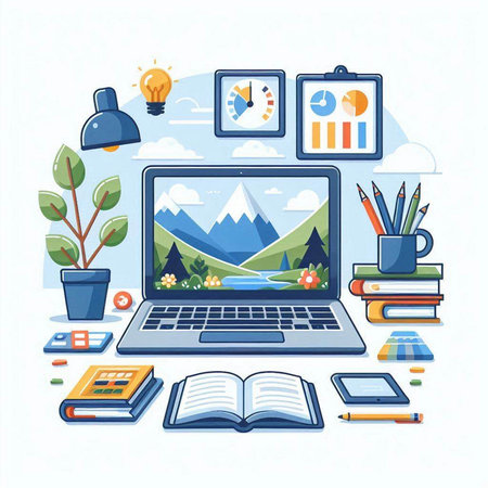Vector illustration of a laptop with a picture of a mountain landscape. Flat style.のイラスト素材
