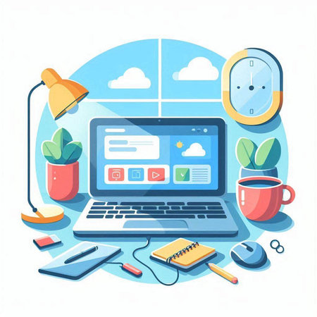 Laptop computer with social media icons. Flat design vector illustration.のイラスト素材