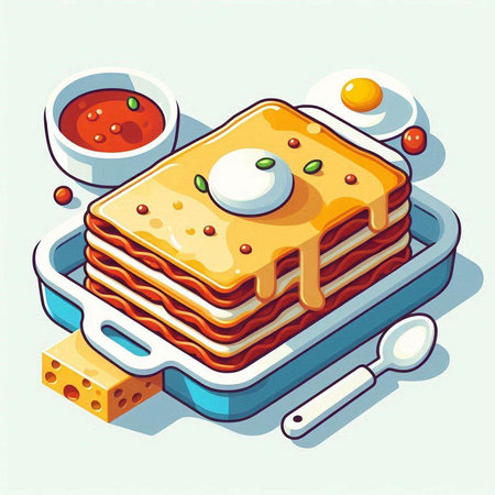 Illustration of lasagna with tomato sauce, cheese and sour creamのイラスト素材