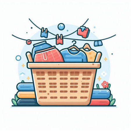Vector illustration of a basket full of clothes on a white background.のイラスト素材