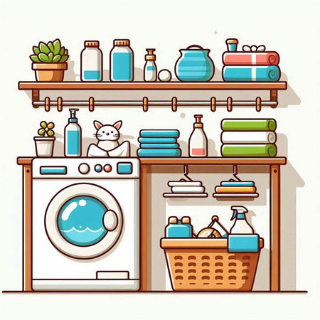 Laundry room with washing machine, basket and towels. Vector illustration.のイラスト素材