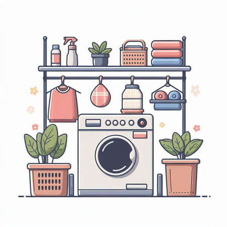 Laundry room with washing machine, dryer, basket with clothes, houseplants. Vector illustrationのイラスト素材