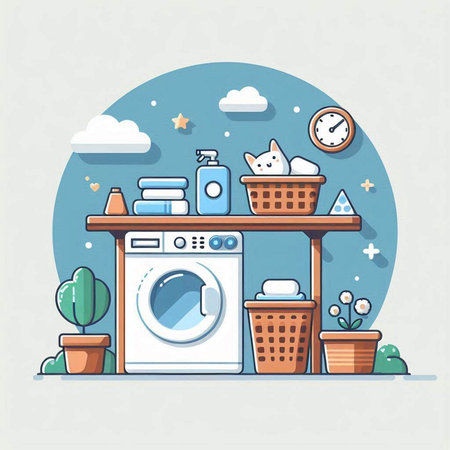 Laundry room flat vector illustration. Washing machine, basket with dirty clothes, basket with cleaning tools, houseplants on shelf.のイラスト素材