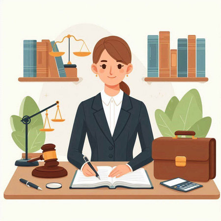 Woman lawyer working in law office. Lawyer sitting at desk with documents, gavel, briefcase and documents. Vector illustrationのイラスト素材