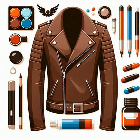 Vector illustration of a brown leather jacket with various cosmetics and accessories.のイラスト素材