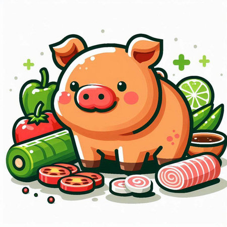 Illustration of a Cute Pig with Vegetables and Sausageのイラスト素材