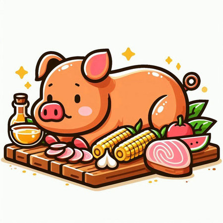 Illustration of a Cute Pig Eating Slices of Porkのイラスト素材
