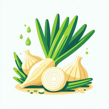 Garlic, onion and water drop. Vegetarian food vector illustrationのイラスト素材