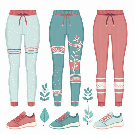 Vector illustration of a set of leggings, pants and sneakers.のイラスト素材