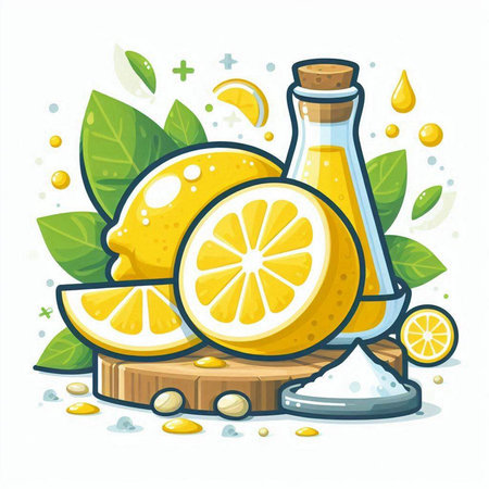 Lemon juice in glass bottle and fresh lemons on wooden board. Vector illustrationのイラスト素材