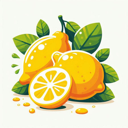 Lemon fruit with leaves and drops of juice. Vector illustration.のイラスト素材