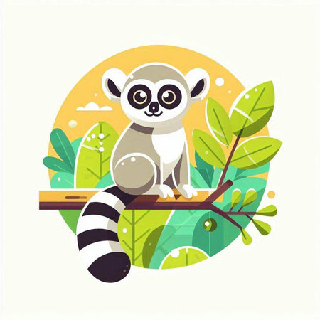Cute lemur on the branch. Vector illustration in flat styleのイラスト素材