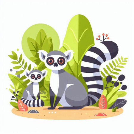Cute lemur in the jungle. Vector illustration in flat styleのイラスト素材