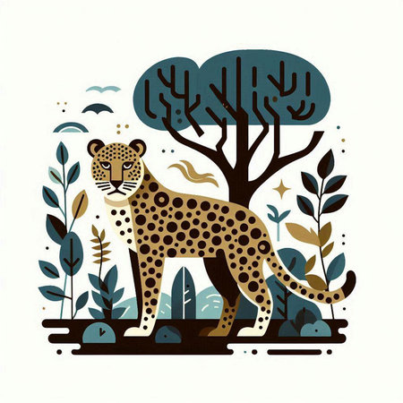 Leopard in the forest. Vector illustration. Hand drawn style.のイラスト素材