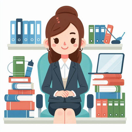Business woman sitting in front of bookshelves. Vector illustration.のイラスト素材