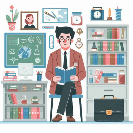Vector illustration of a man reading a book in the office. Education concept.のイラスト素材