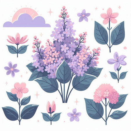 Vector set of hand drawn flowers and plants in pastel colors.のイラスト素材
