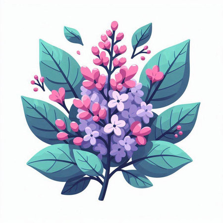 Bouquet of lilac flowers and green leaves. Vector illustration.のイラスト素材