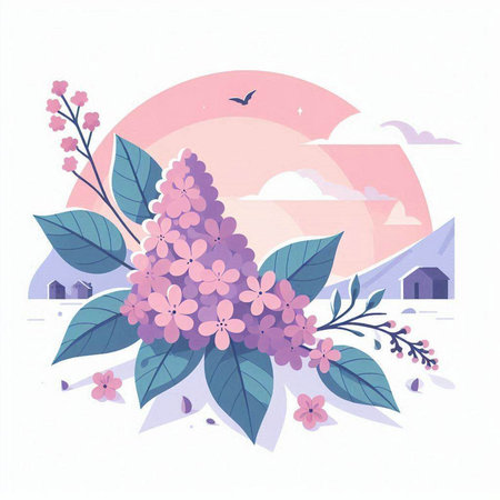Beautiful pink lilac flowers in the village. Vector illustration.のイラスト素材