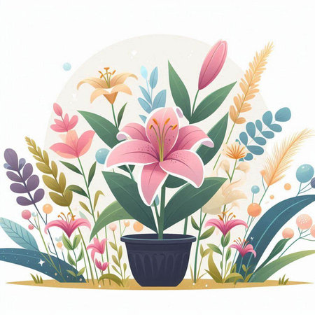 Flower background with lily flowers and plants. Vector illustration.のイラスト素材