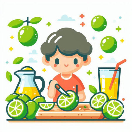 Cute little boy makes lemonade. Vector illustration in cartoon style.のイラスト素材
