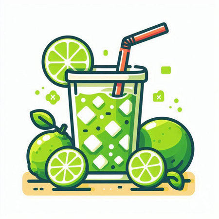 Cocktail with lime and straw. Vector illustration in flat styleのイラスト素材