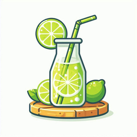 Cocktail with lime and mint. Vector illustration in cartoon styleのイラスト素材