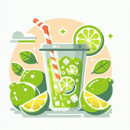 Lemonade with lime and straw. Vector illustration in flat styleのイラスト素材
