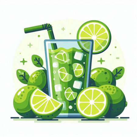 Vector illustration of a glass of mojito with lime slices and straw.のイラスト素材