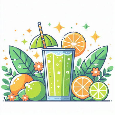 Vector illustration of a glass of fresh juice with orange, lemon, lime and leaves.のイラスト素材