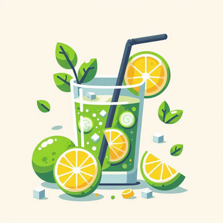 Cocktail with lime, lemon and mint. Vector illustration.のイラスト素材