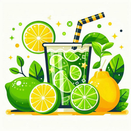 Vector illustration of a glass of lemonade with lime slices and straw.のイラスト素材