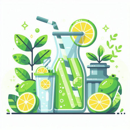 Vector illustration of fresh lemonade in a glass jar with lime and mint leaves.のイラスト素材