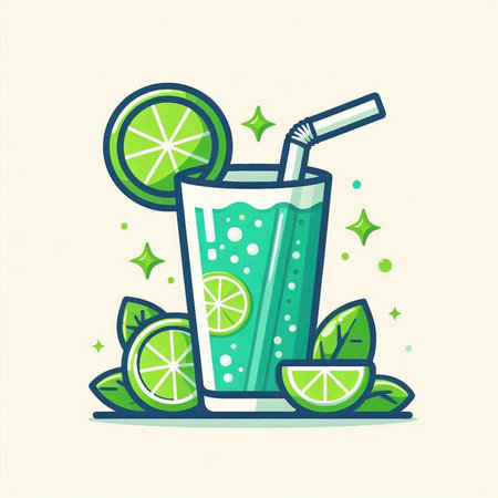 Cocktail with lime and mint. Vector illustration in flat styleのイラスト素材